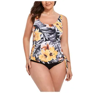 Detail view of plus size tankini with tropical floral print and adjustable side drawstrings