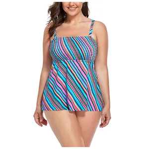 Detailed view of colorful striped smocked tankini top with flattering A-line silhouette