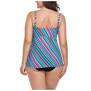 Rear view of colorful striped tankini top with wide straps and black bikini bottom