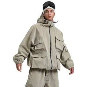 Unisex Waterproof Ski Jacket Cargo Style Multi Pocket Hooded Corduroy Texture Warm Windproof Snowboarding Coat For Men Women