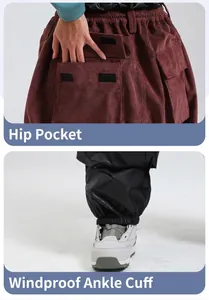 Detail of corduroy ski pants featuring hip pockets and windproof ankle cuffs in brown