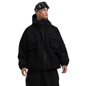 Oversize waterproof black ski jacket with multi-pocket techwear design for men and women
