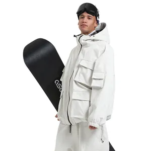 White hooded ski jacket with multi-pocket cargo design and windproof collar for winter sports