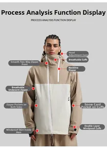 Vue détaillée de la veste de ski imperméable avec capuche, aérations et jupe pare-neige