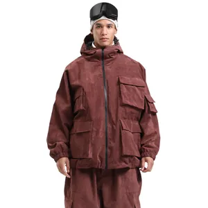 Men's dark brown corduroy hooded ski jacket with multi-pocket utility cargo design