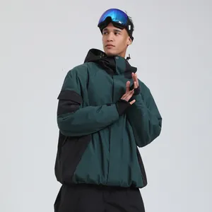 Men's waterproof hooded ski jacket in dark green with windproof cuffs for winter outdoor sports