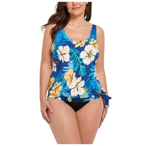 Detail of floral plus size tankini top with tropical print and side drawstring knot