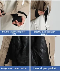Détails de veste de ski avec poignets coupe-vent, zips d'aération et poches internes