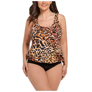 Detail of leopard print tankini top with comfortable loose fit and black high waist bottom
