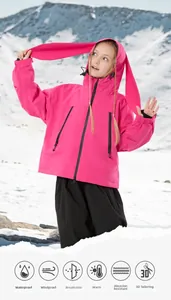 Kids thermal ski set detail with rabbit ears hood and waterproof functional icons