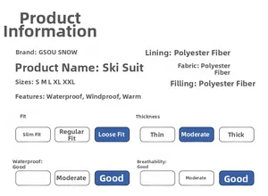 Tableau des tailles détaillé et spécifications techniques pour la veste de ski GSOU SNOW