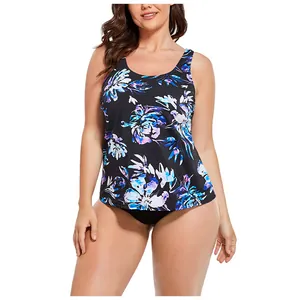 Détail du haut de tankini grande taille avec imprimé floral et bretelles larges pour femme