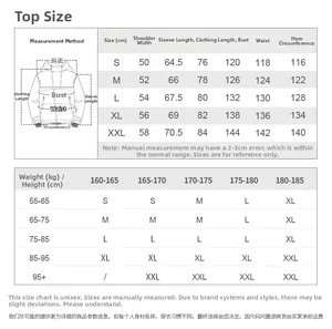 Tableau des tailles détaillé pour veste de ski imperméable avec mesures du buste