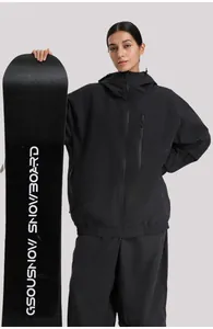 Waterproof black hooded ski jacket with zipper pockets and loose fit cargo style