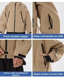 Detail view of khaki ski jacket showing two-way zipper and snow card pocket