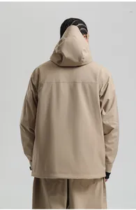 Rear view of khaki hooded ski jacket and pants with waterproof fabric and clean seams