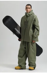 Full view of olive green waterproof ski suit with hooded jacket and loose pants
