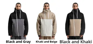 Trois vestes de ski bicolores montrant les modèles noir/gris, kaki/beige et noir/khaki