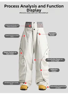 Detailed view of beige ski pants showing waterproof zippers and reflective stripes