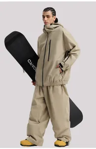 Detail of khaki waterproof ski suit with black zipper closure and matte finish texture