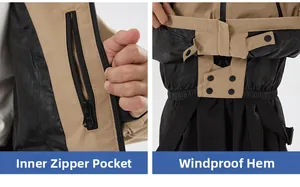 Detail of inner zipper pocket and windproof powder skirt on kids professional ski jacket