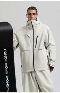 Detail of off-white ski jacket with waterproof zippers and functional multi-pockets