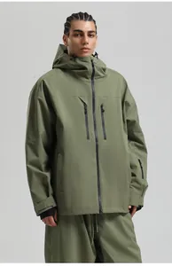 Close-up of olive green ski jacket with waterproof zippers and adjustable cuffs