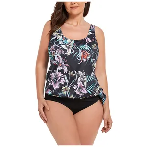 Detail of floral print tankini top with side knot and wide shoulder straps