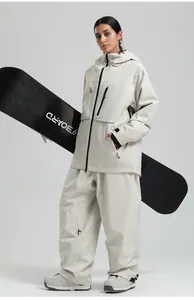 Detail of professional off-white hooded ski jacket with windproof zippers and pockets