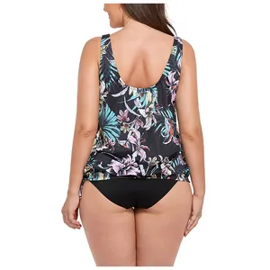 Rear view of plus size tankini with tropical floral print top and solid black bottoms