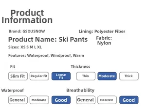 Detailed size chart and technical specs for waterproof windproof loose ski pants