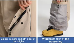 Detail of waterproof ski pants featuring cargo zipper pockets and inner windproof gaiters
