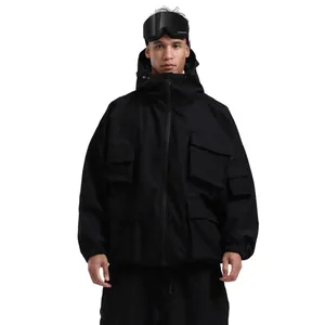 Men's black hooded ski jacket with multiple cargo pockets and windproof fabric