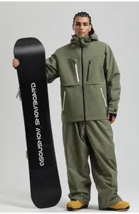 Detail of olive green professional ski jacket with waterproof hood and chest zipper pockets