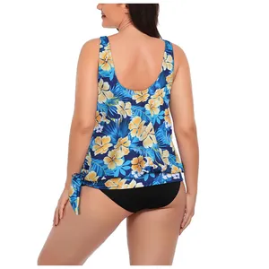 Back view of plus size tankini with tropical floral print and side drawstring details