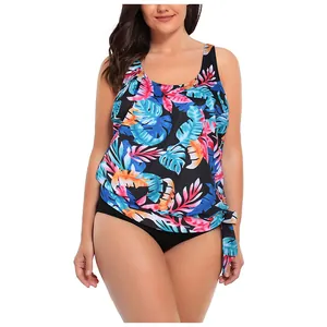Detail of plus size tankini set with colorful tropical leaf print and side drawstring