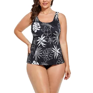 Tankini grande taille noir avec imprimé feuilles tropicales blanches et bretelles