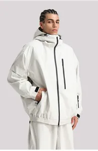 Close-up of waterproof black zippers and windproof fabric on off-white ski jacket