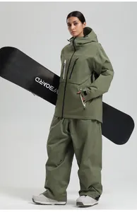 Olive green hooded ski suit set featuring waterproof zippers and functional pockets