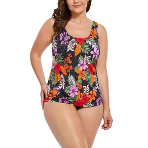 Haut de tankini grande taille pour femmes avec imprimé léopard floral et feuilles tropicales