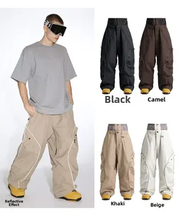Detail of reflective stripes and functional cargo pockets on waterproof snow pants