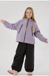 Kids purple hooded ski jacket and black windproof pants set for winter outdoor sports