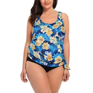 Plus size two piece tankini swimsuit with blue floral print top and black high waist bottom