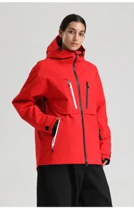 Detail of red ski jacket showing hooded design and waterproof zippered chest pocket