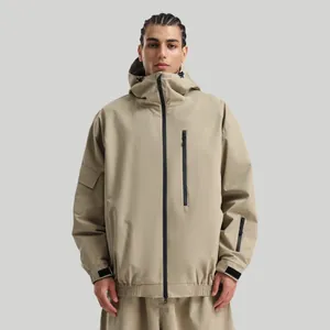 Men's loose khaki ski jacket with windproof waterproof fabric and hooded design