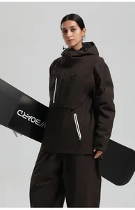 Detail of dark brown waterproof ski jacket with white zip accents and velcro cuffs