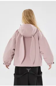 Rear view of pink hooded ski jacket with cute 3D bunny ears and waterproof design