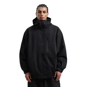 Men's loose hooded ski jacket in black waterproof softshell fabric for outdoor sports