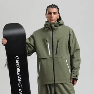 Men's olive green waterproof ski jacket and pants set with functional multi-pockets