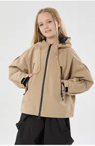 Detail of khaki children's hooded ski jacket featuring windproof fabric and zip pockets